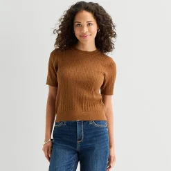 St. John's Bay Womens Crew Neck Short Sleeve Cable Knit Pullover Sweater