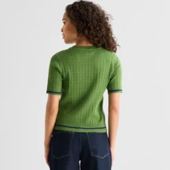 St. John's Bay Womens Crew Neck Short Sleeve Cable Knit Pullover Sweater