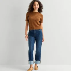 St. John's Bay Womens Crew Neck Short Sleeve Cable Knit Pullover Sweater