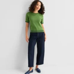 St. John's Bay Womens Crew Neck Short Sleeve Cable Knit Pullover Sweater