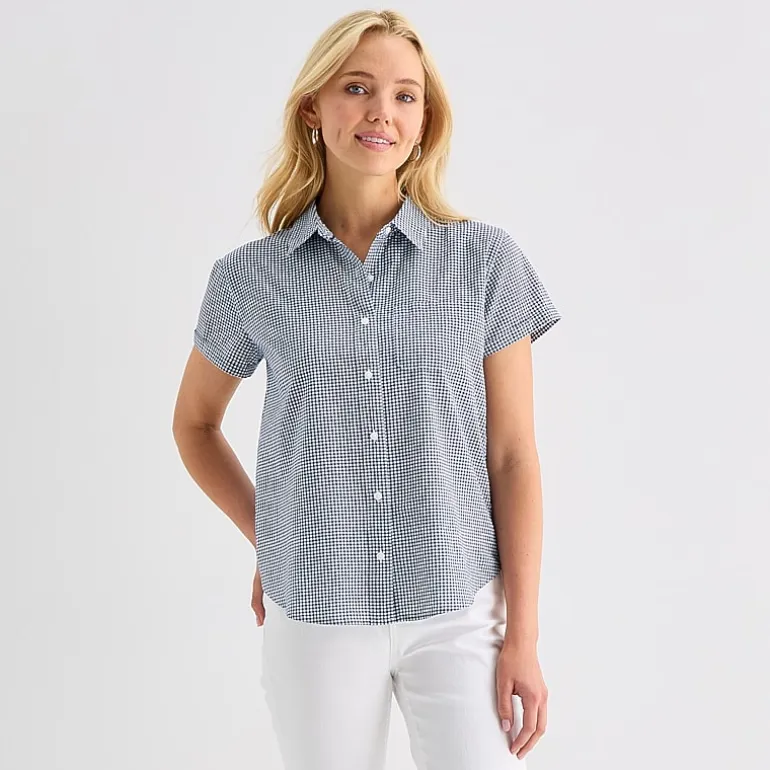 St. John's Bay Womens Easy-on + Easy-off Hidden Access Opening Roll Short Sleeve Regular Fit Button-Down Shirt