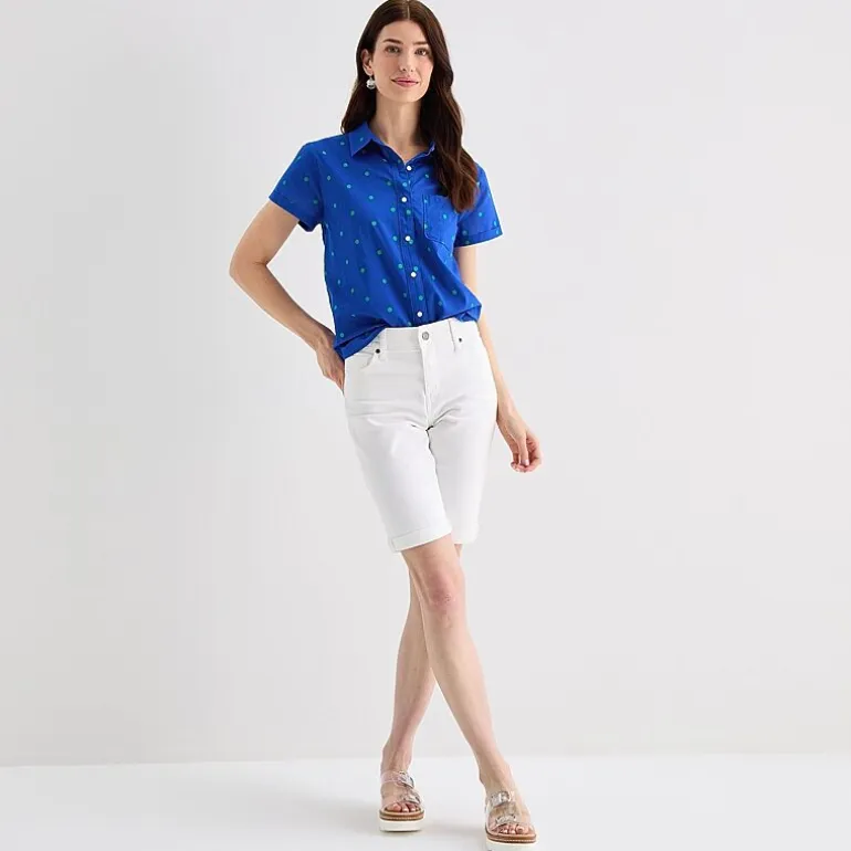 St. John's Bay Womens Easy-on + Easy-off Hidden Access Opening Roll Short Sleeve Regular Fit Button-Down Shirt