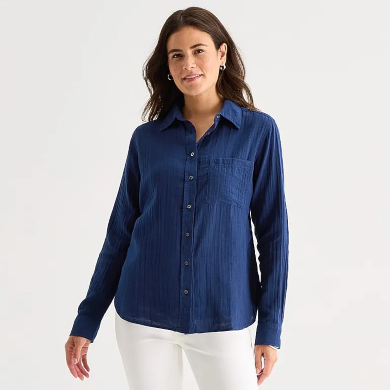 St. John's Bay Womens Long Sleeve Relaxed Fit Button-Down Shirt