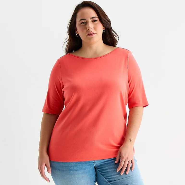 St. John's Bay Womens Plus Boat Neck Elbow Sleeve T-Shirt