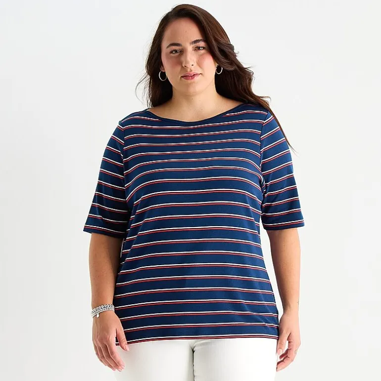 St. John's Bay Womens Plus Boat Neck Elbow Sleeve T-Shirt