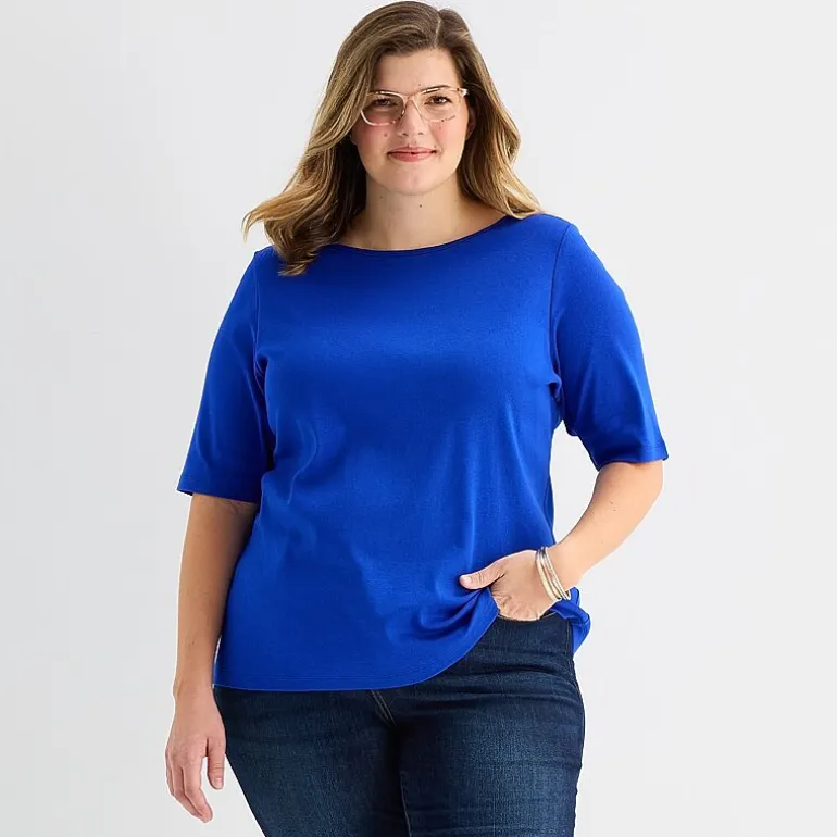 St. John's Bay Womens Plus Boat Neck Elbow Sleeve T-Shirt
