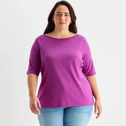 St. John's Bay Womens Plus Boat Neck Elbow Sleeve T-Shirt