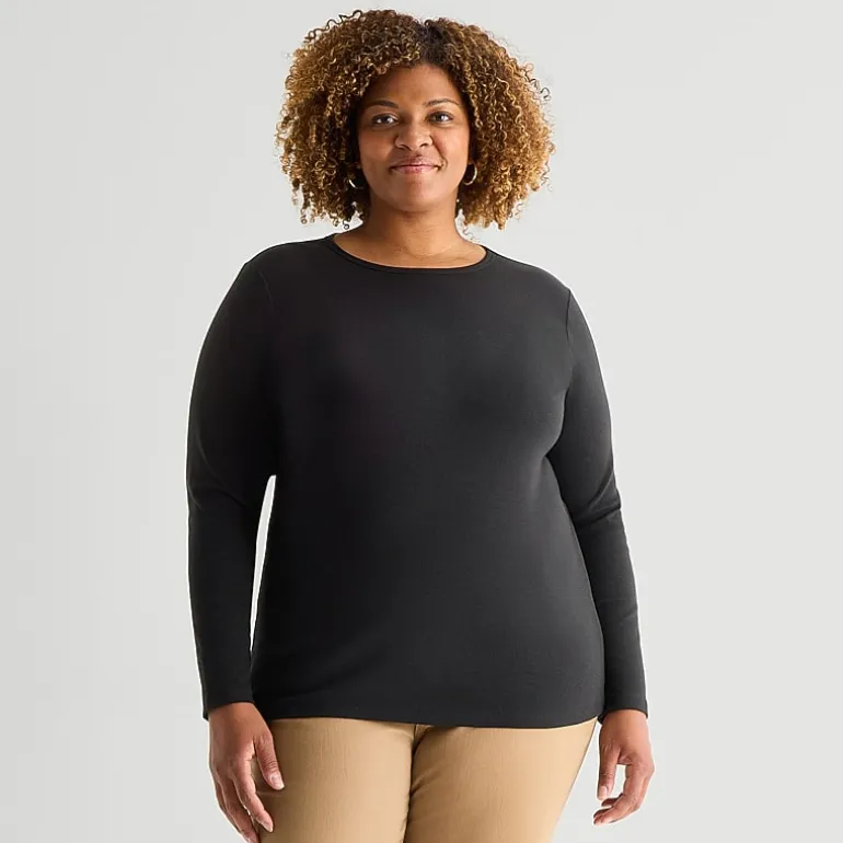 St. John's Bay Womens Plus Crew Neck Long Sleeve T-Shirt