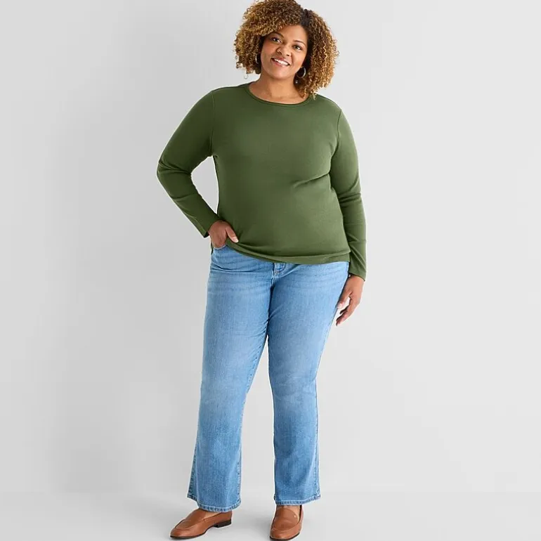 St. John's Bay Womens Plus Crew Neck Long Sleeve T-Shirt
