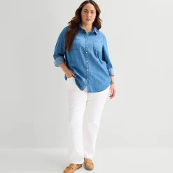 St. John's Bay Womens Plus Cuffed Long Sleeve Regular Fit Button-Down Shirt