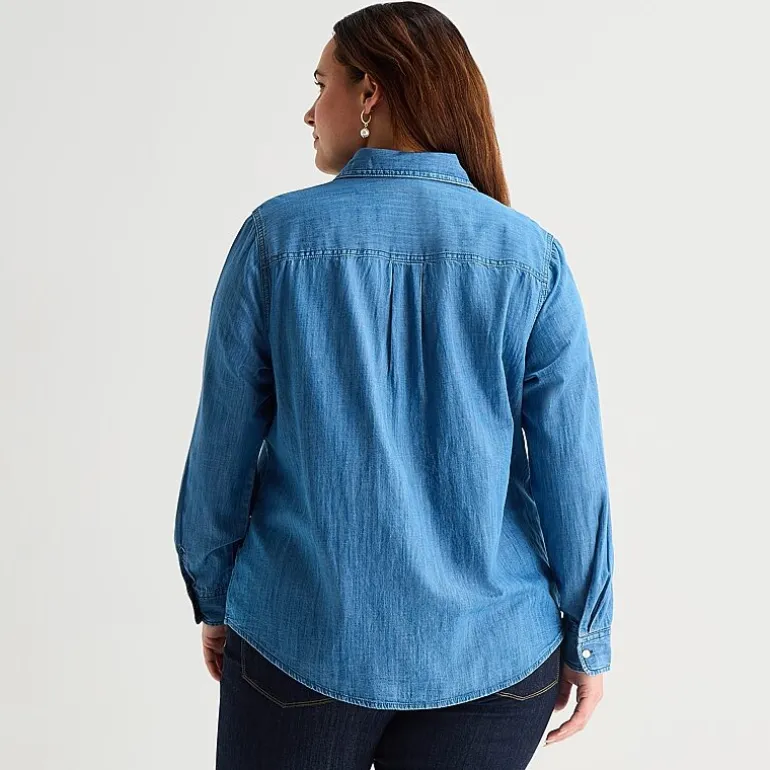 St. John's Bay Womens Plus Easy-on + Easy-off Cuffed Long Sleeve Regular Fit Button-Down Shirt