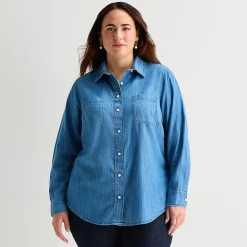 St. John's Bay Womens Plus Easy-on + Easy-off Cuffed Long Sleeve Regular Fit Button-Down Shirt