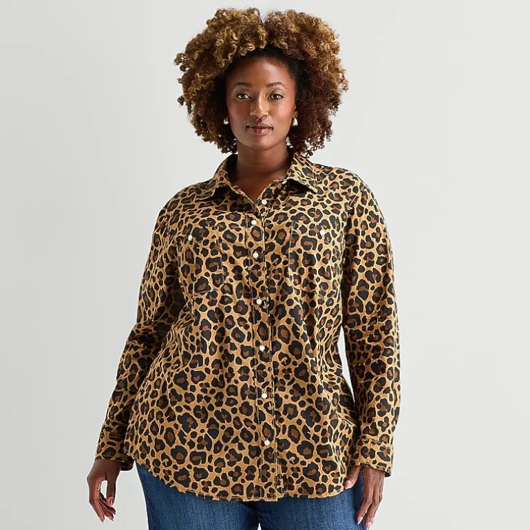 St. John's Bay Womens Plus Easy-on + Easy-off Cuffed Long Sleeve Regular Fit Button-Down Shirt