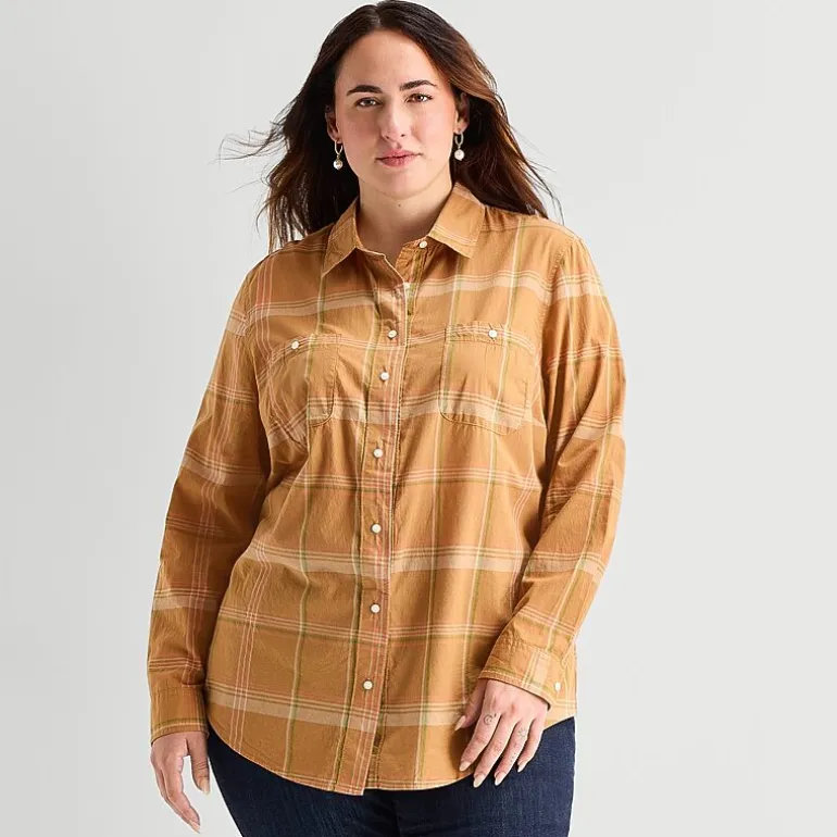 St. John's Bay Womens Plus Easy-on + Easy-off Cuffed Long Sleeve Regular Fit Button-Down Shirt