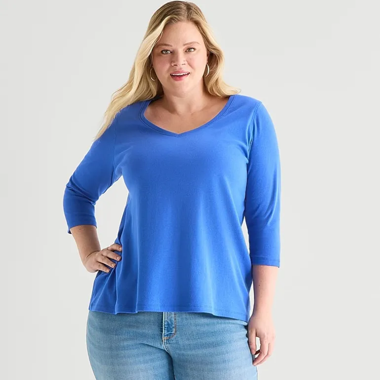 St. John's Bay Womens Plus Easy-on + Easy-off V Neck 3/4 Sleeve Adaptive T-Shirt