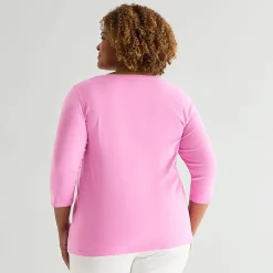 St. John's Bay Womens Plus Easy-on + Easy-off V Neck 3/4 Sleeve Adaptive T-Shirt