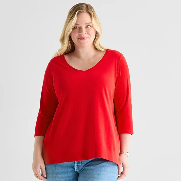 St. John's Bay Womens Plus Easy-on + Easy-off V Neck 3/4 Sleeve Adaptive T-Shirt