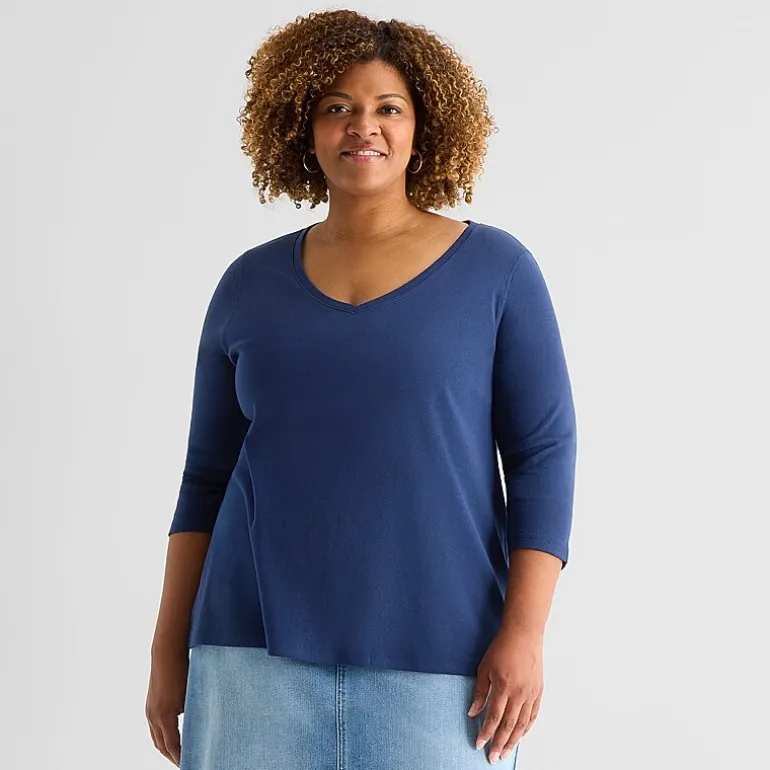 St. John's Bay Womens Plus Easy-on + Easy-off V Neck 3/4 Sleeve Adaptive T-Shirt