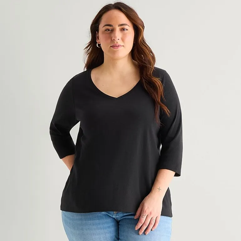 St. John's Bay Womens Plus Easy-on + Easy-off V Neck 3/4 Sleeve Adaptive T-Shirt
