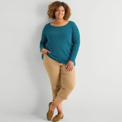 St. John's Bay Womens Plus Easy-on + Easy-off Crew Neck Long Sleeve Adaptive T-Shirt