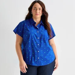 St. John's Bay Womens Plus Easy-on + Easy-off Hidden Access Opening Roll Short Sleeve Regular Fit Button-Down Shirt