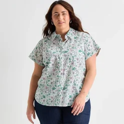 St. John's Bay Womens Plus Easy-on + Easy-off Hidden Access Opening Roll Short Sleeve Regular Fit Button-Down Shirt
