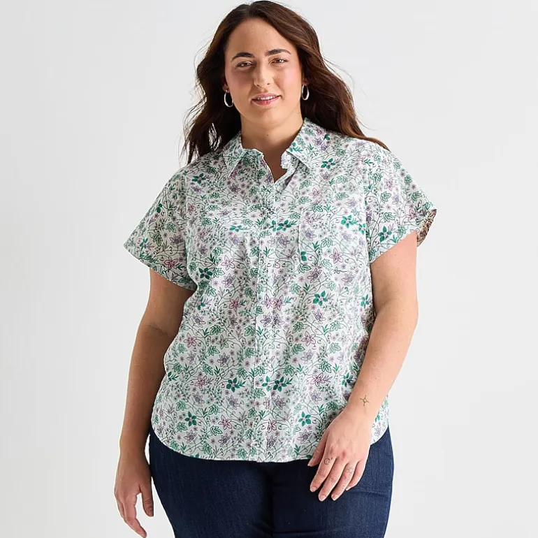 St. John's Bay Womens Plus Easy-on + Easy-off Hidden Access Opening Roll Short Sleeve Regular Fit Button-Down Shirt