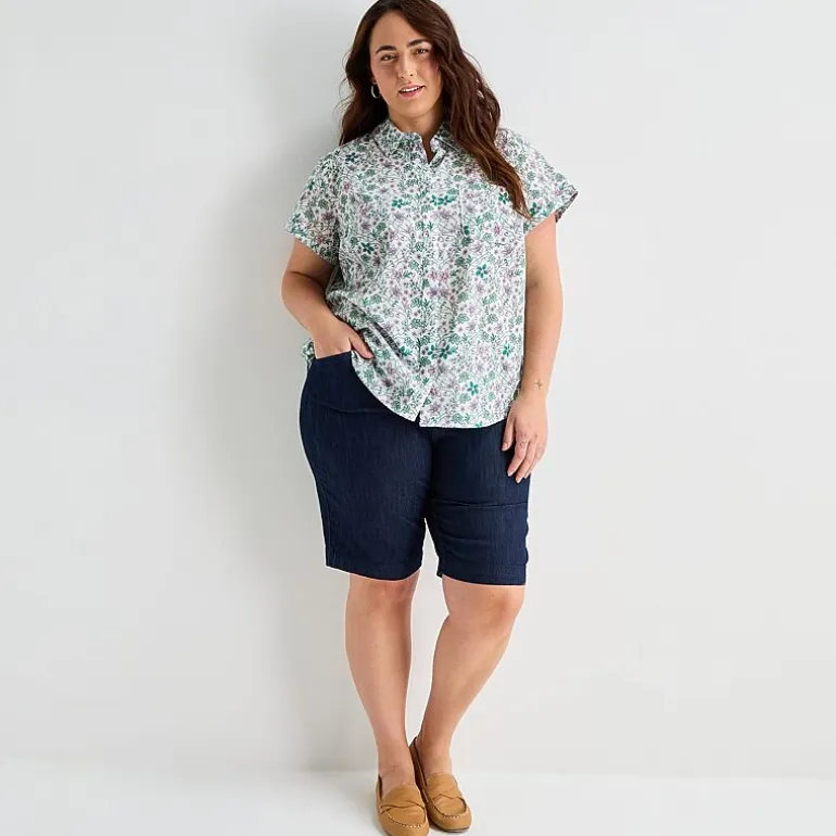 St. John's Bay Womens Plus Easy-on + Easy-off Hidden Access Opening Roll Short Sleeve Regular Fit Button-Down Shirt