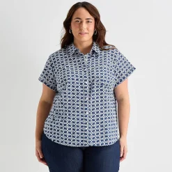 St. John's Bay Womens Plus Easy-on + Easy-off Hidden Access Opening Roll Short Sleeve Regular Fit Button-Down Shirt