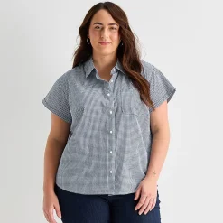 St. John's Bay Womens Plus Easy-on + Easy-off Hidden Access Opening Roll Short Sleeve Regular Fit Button-Down Shirt