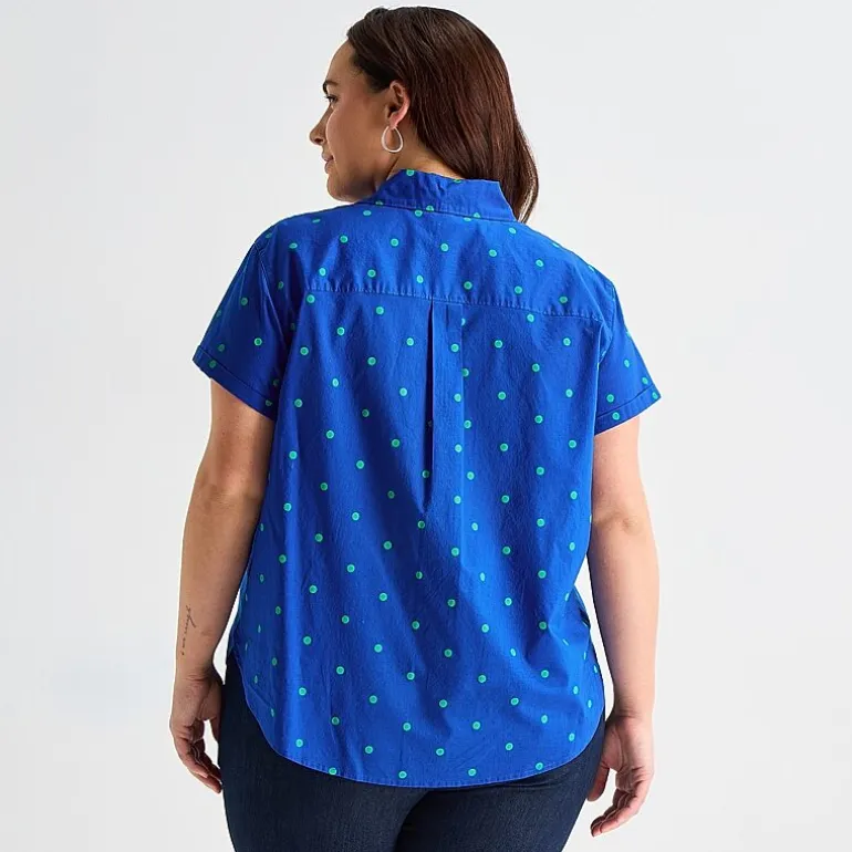 St. John's Bay Womens Plus Easy-on + Easy-off Hidden Access Opening Roll Short Sleeve Regular Fit Button-Down Shirt
