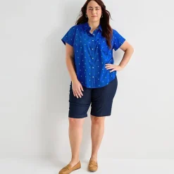 St. John's Bay Womens Plus Easy-on + Easy-off Hidden Access Opening Roll Short Sleeve Regular Fit Button-Down Shirt