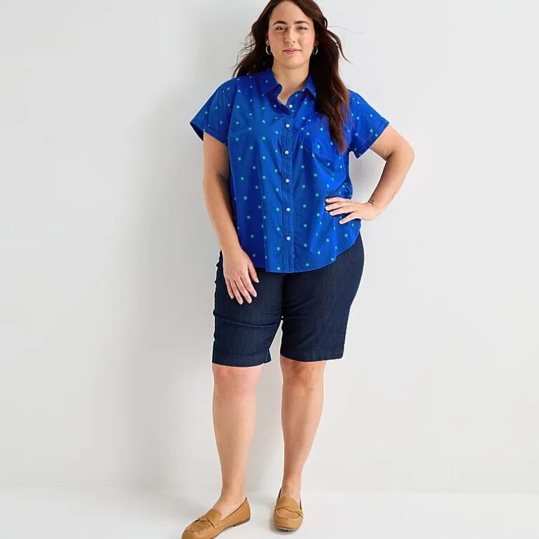 St. John's Bay Womens Plus Easy-on + Easy-off Hidden Access Opening Roll Short Sleeve Regular Fit Button-Down Shirt