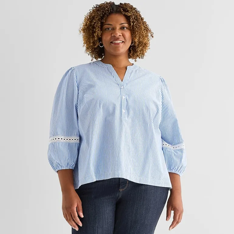 St. John's Bay Womens Plus Henley Neck 3/4 Sleeve Blouse