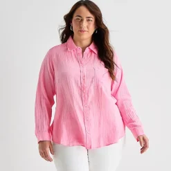 St. John's Bay Womens Plus Long Sleeve Relaxed Fit Button-Down Shirt