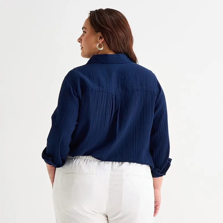St. John's Bay Womens Plus Long Sleeve Relaxed Fit Button-Down Shirt