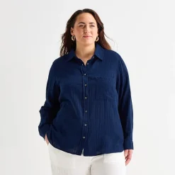 St. John's Bay Womens Plus Long Sleeve Relaxed Fit Button-Down Shirt