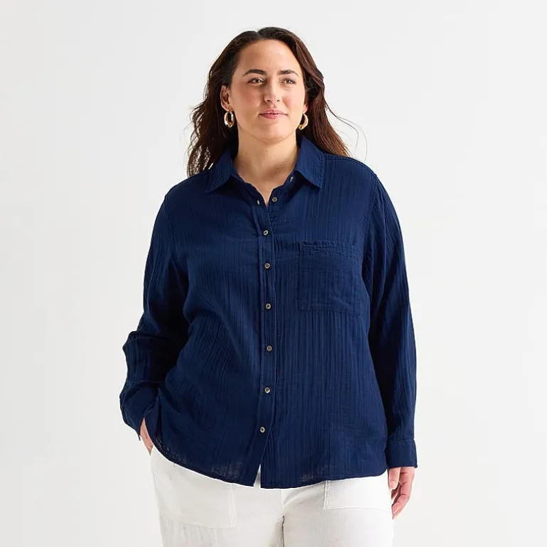 St. John's Bay Womens Plus Long Sleeve Relaxed Fit Button-Down Shirt