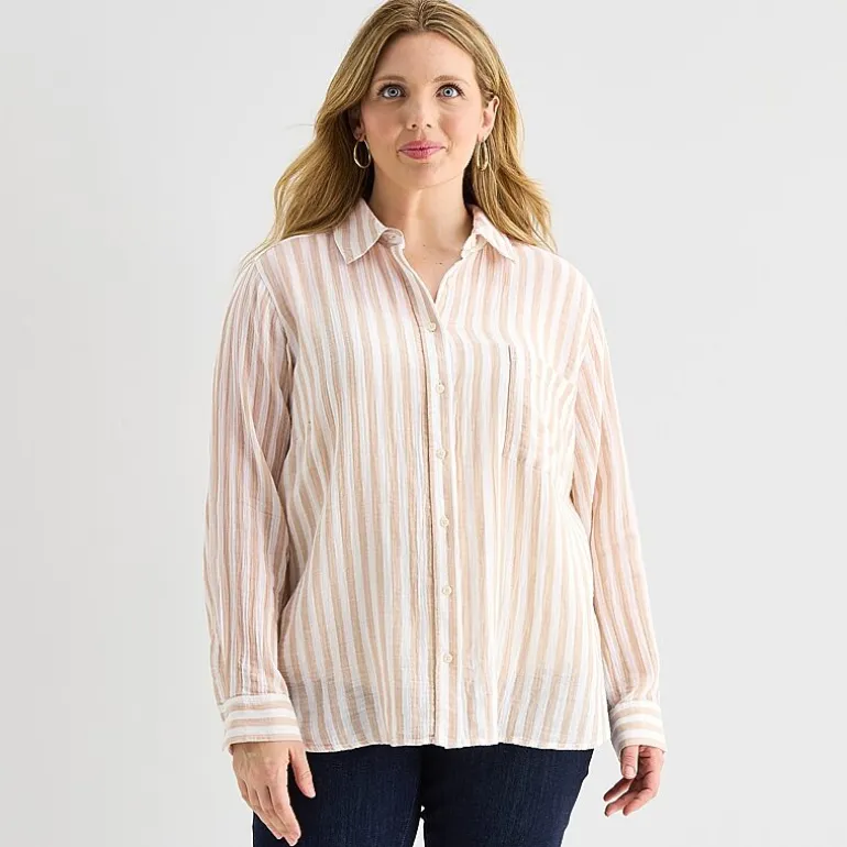 St. John's Bay Womens Plus Long Sleeve Relaxed Fit Button-Down Shirt