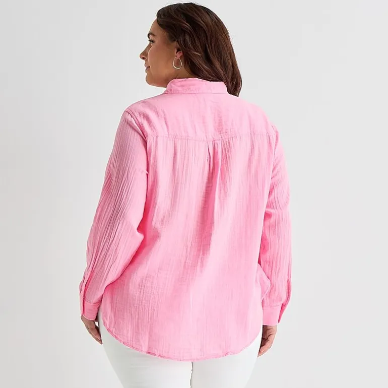 St. John's Bay Womens Plus Long Sleeve Relaxed Fit Button-Down Shirt
