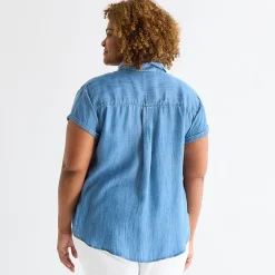 St. John's Bay Womens Plus Roll Short Sleeve Regular Fit Button-Down Shirt