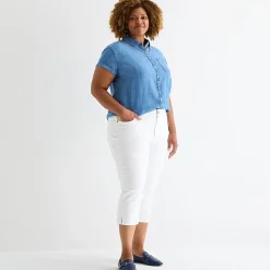 St. John's Bay Womens Plus Roll Short Sleeve Regular Fit Button-Down Shirt
