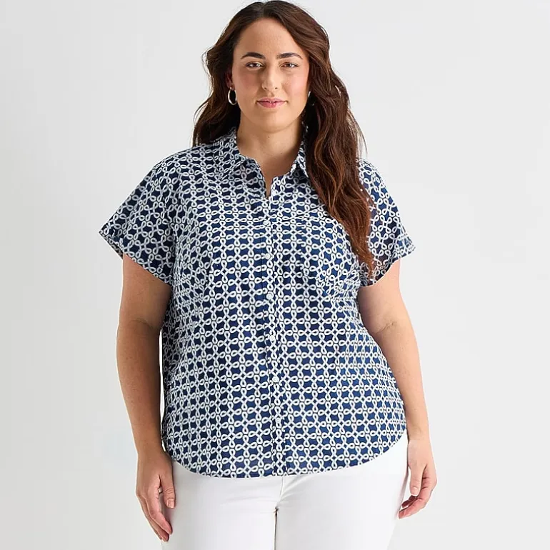 St. John's Bay Womens Plus Roll Short Sleeve Regular Fit Button-Down Shirt
