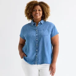 St. John's Bay Womens Plus Roll Short Sleeve Regular Fit Button-Down Shirt
