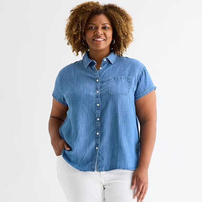 St. John's Bay Womens Plus Roll Short Sleeve Regular Fit Button-Down Shirt
