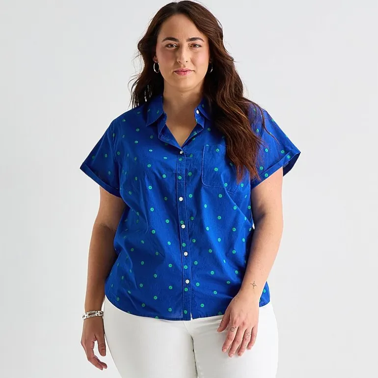 St. John's Bay Womens Plus Roll Short Sleeve Regular Fit Button-Down Shirt