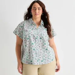 St. John's Bay Womens Plus Roll Short Sleeve Regular Fit Button-Down Shirt