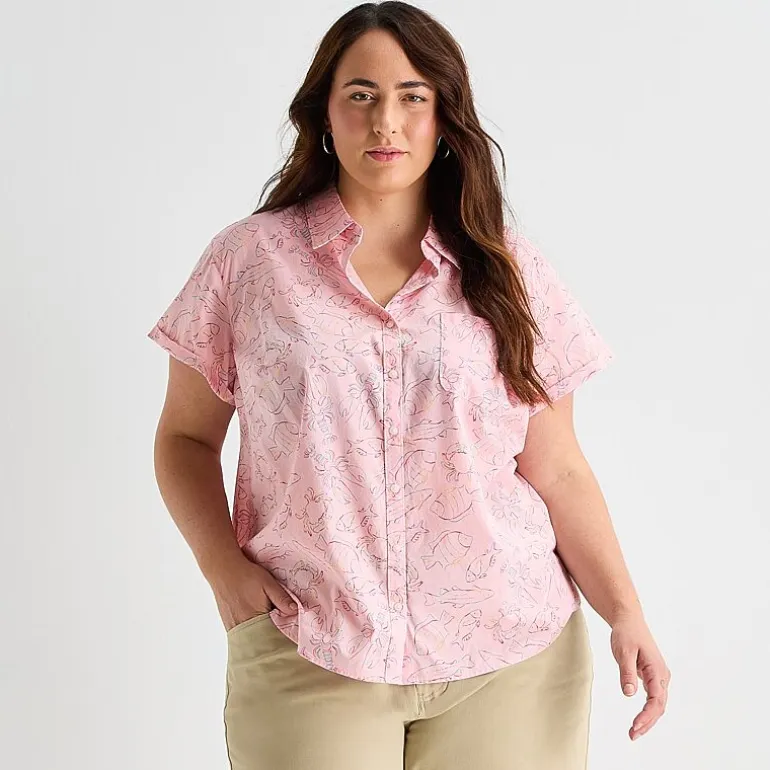 St. John's Bay Womens Plus Roll Short Sleeve Regular Fit Button-Down Shirt