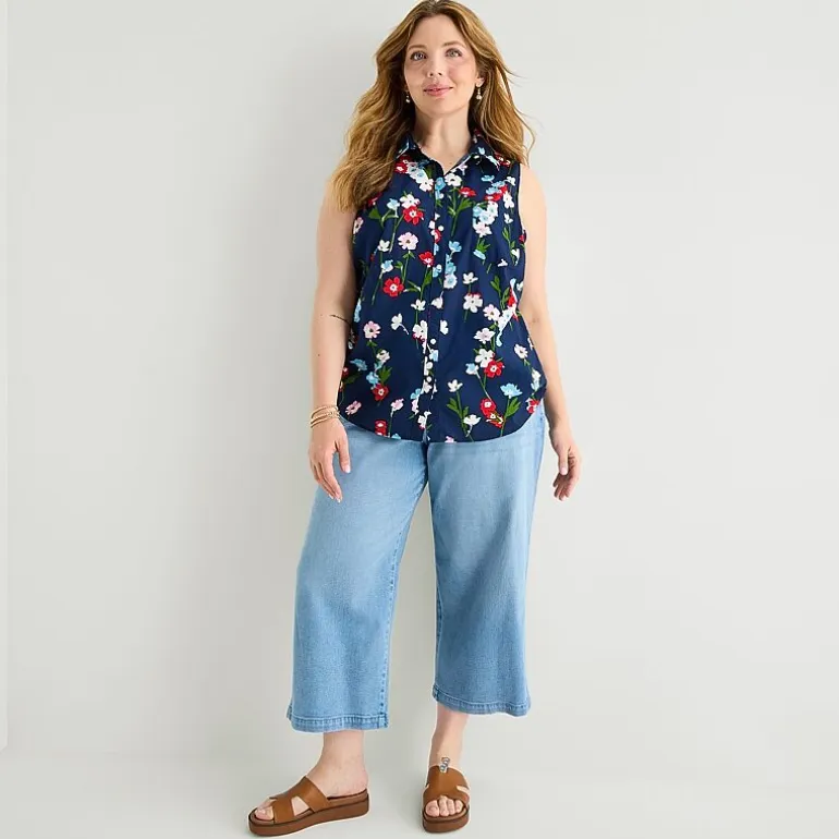 St. John's Bay Womens Plus Sleeveless Classic Fit Button-Down Shirt