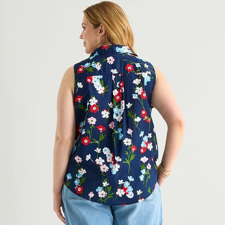 St. John's Bay Womens Plus Sleeveless Classic Fit Button-Down Shirt